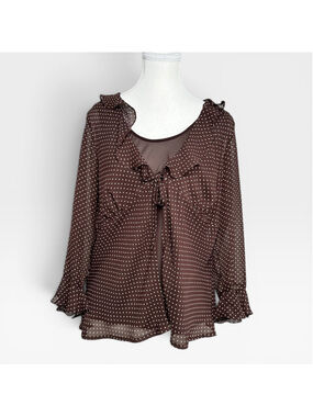 Y2K Sheer Brown Polka Dot Ruffle Tie Front Blouse Fairy Grunge Coquette Top